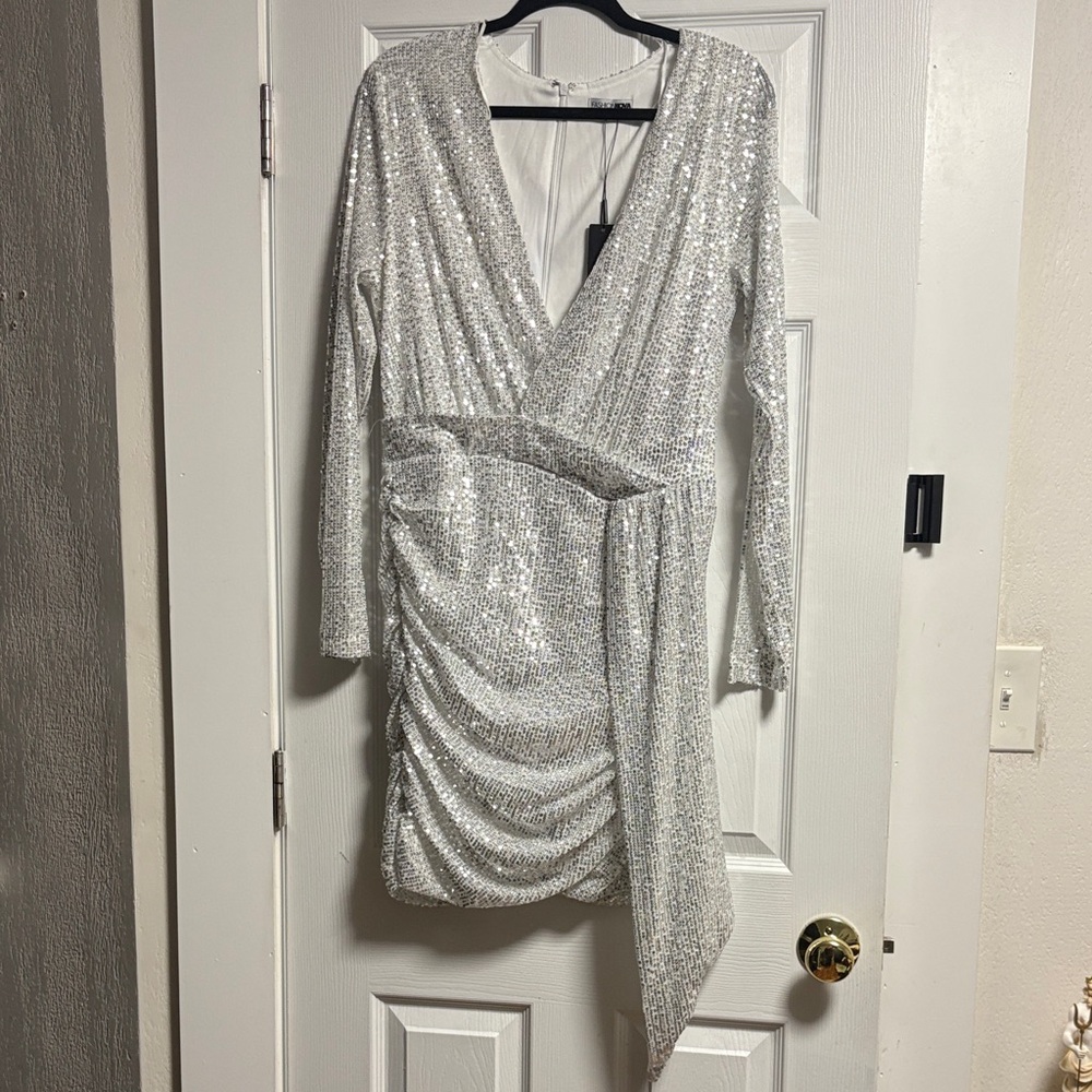 Fashion Nova Silver Sequin Long Sleeve Dress